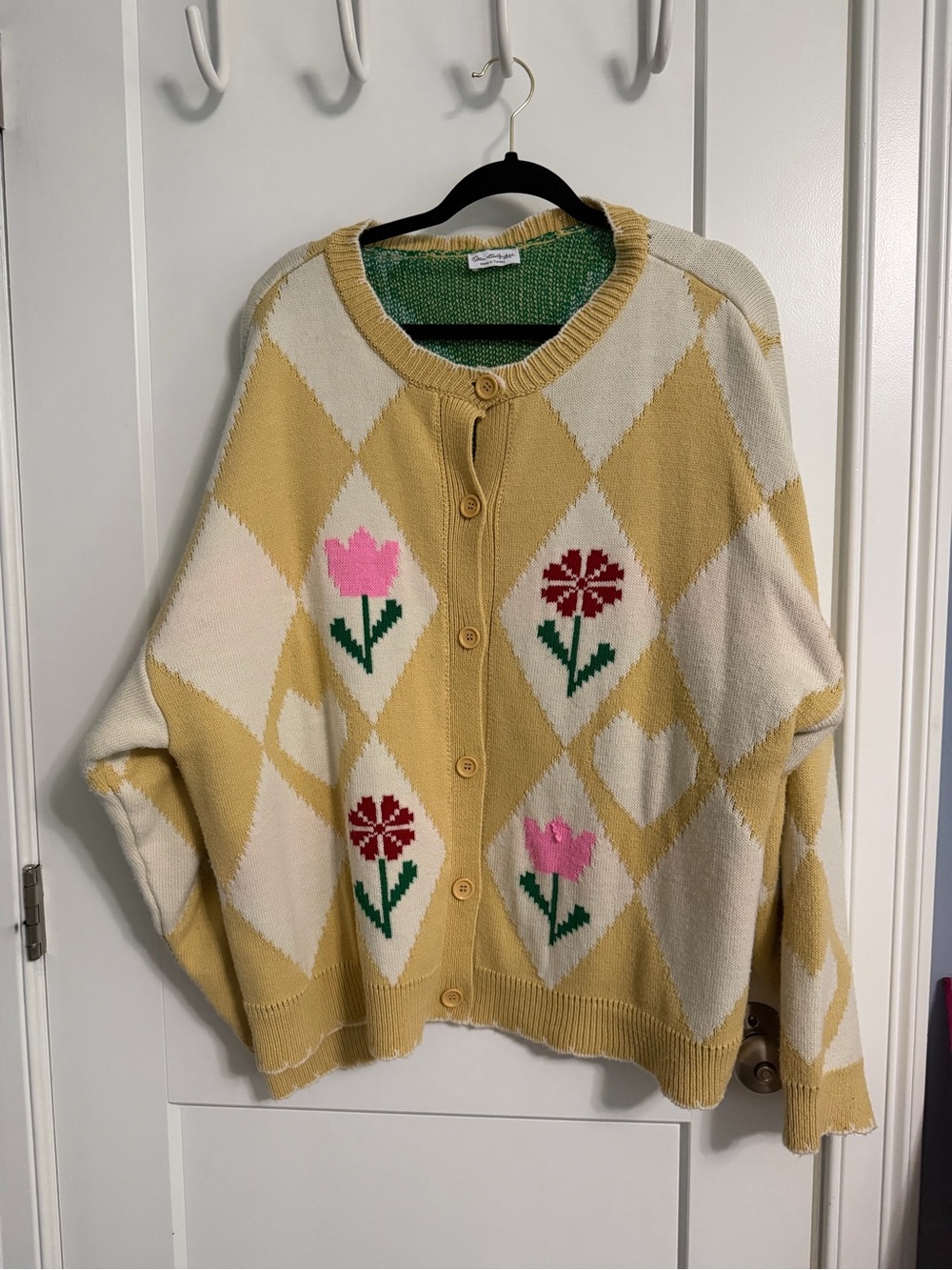 Miss Selfridge Yellow & Cream Oversized Argyle Floral Cardigan